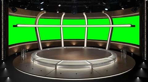 Virtual TV Studio Set. Green screen background. 3d Rendering Illustration