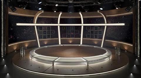 Virtual TV Studio Set. Green screen background. 3d Rendering Illustration