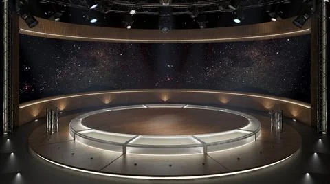 Virtual TV Studio Set. Green screen background. 3d Rendering Illustration