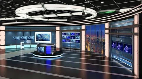 Virtual TV Studio Set. Green screen background. 3d Rendering. Virtual set ... Foto stock