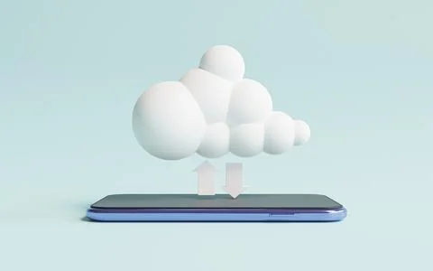Virtual white cloud computing on mobile phone with arrow for share informat.. Fotos Stock