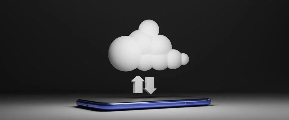 Virtual white cloud computing on mobile phone with arrow for share informat.. Fotos Stock