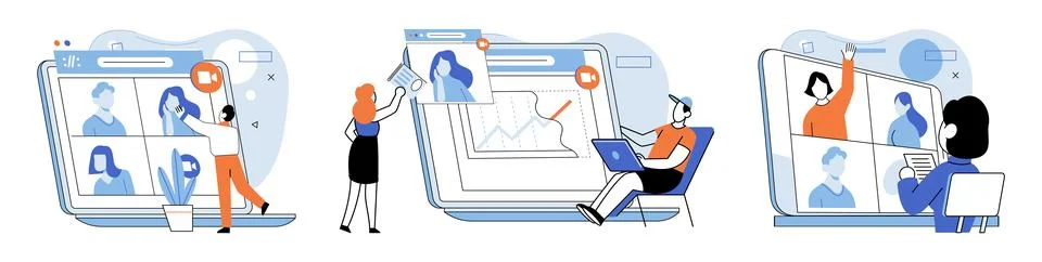 Virtual work meeting. Virtual work meetings encompass concept collaborating Stock Illustration