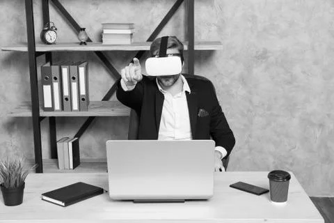 Virtual work space. Businessman explore virtual reality. Interact in virtual Foto stock