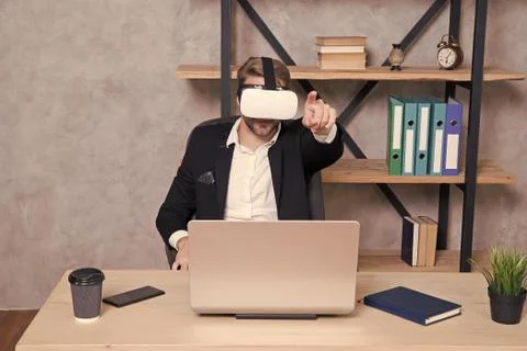 Virtual work space. Businessman explore virtual reality. Interact in virtual Foto stock
