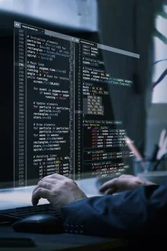 Virtual workspace showcasing fictional code, emphasizing innovation Stock Photos