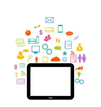 Virtual world with tablet computer, set infographic element 库存插图