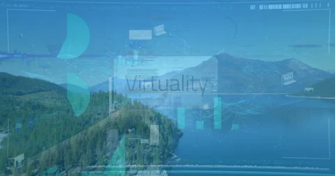 Virtuality panel hovering over mountain lake panorama with floating data charts Stock Footage 307430963