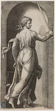The virtues according to Raphael, justice. Third issue of a sequence of 7 ... Stock Photos