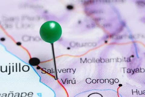 Viru pinned on a map of Peru Foto stock