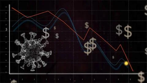 Virus affecting currency. Dollar fluctuations in space of virus fast spreading Illustrazione stock
