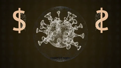 Virus affecting currency. US dollar icons on both sides of virus fast spreading Stock Footage 126288172