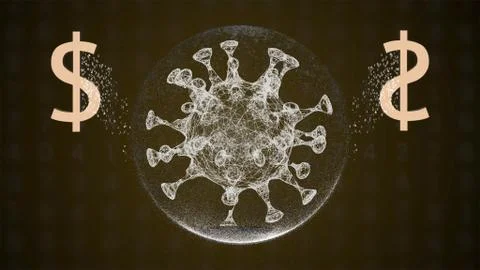 Virus affecting currency. US dollar icons on both sides of virus fast spreading Illustrazione stock