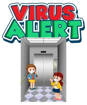 Virus Alert font design with two kids keeping social distance isolated on whi Stock Illustration
