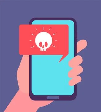 Virus alert. Malware notification on smartphone screen. Hacker attack and spam 스톡 일러스트