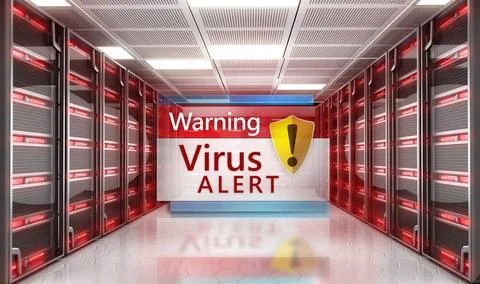 Virus alert message pop up window among network servers in a row. 3D illus... Foto stock