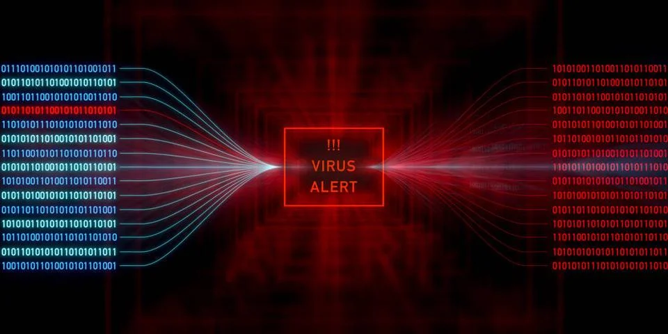 Virus alert! Virus alert! Binary code, system message. Big data, cybercrim... Stock Photos