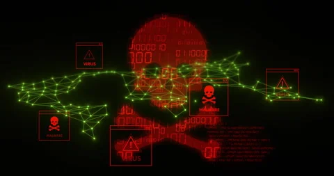 Virus alerts and malware warnings animation with skull and crossbones over Stock Footage 304767644