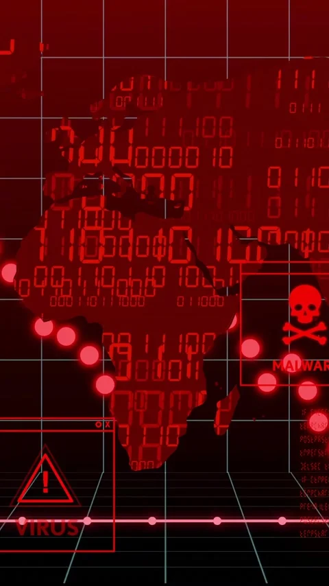 Virus and malware warnings in red grid overlay on digital world map animation Stock Footage 319618314