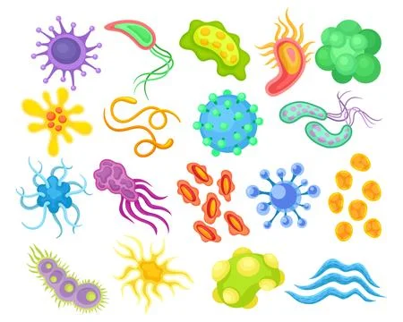 Virus and Microbes of Different Shape with Flagella Big Vector Set Stock Illustration