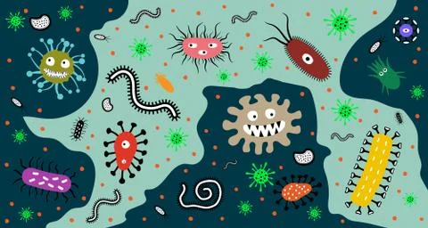Virus and parasite. Pattern with cartoon. Germs and bacteria. Vector illustra Stock Illustration