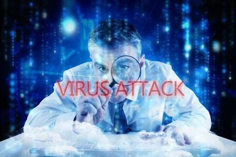Virus attack against lines of blue blurred letters falling Stock Illustration