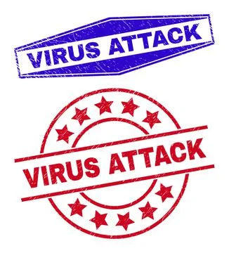 VIRUS ATTACK Grunged Stamp Seals in Circle and Hexagonal Forms Stock Illustration