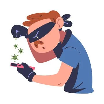 Virus attack. Masked cyber thief hacking smartphone. Cyber security and crime 스톡 일러스트