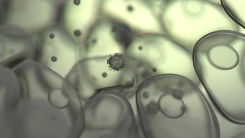 Virus attacking a cell under microscope. Illustrazione stock