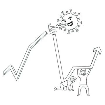 Virus attacking graph with people struggling to stop it Ilustración de archivo