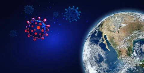 The virus is attacking the planet Earth. Virus red and blue Molecules.  Eleme Stock Illustration