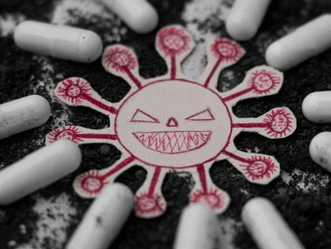 Virus Bacteria Cell Sticker, Close up Corona Virus, tablet capsules Covid-19 Stock Photos