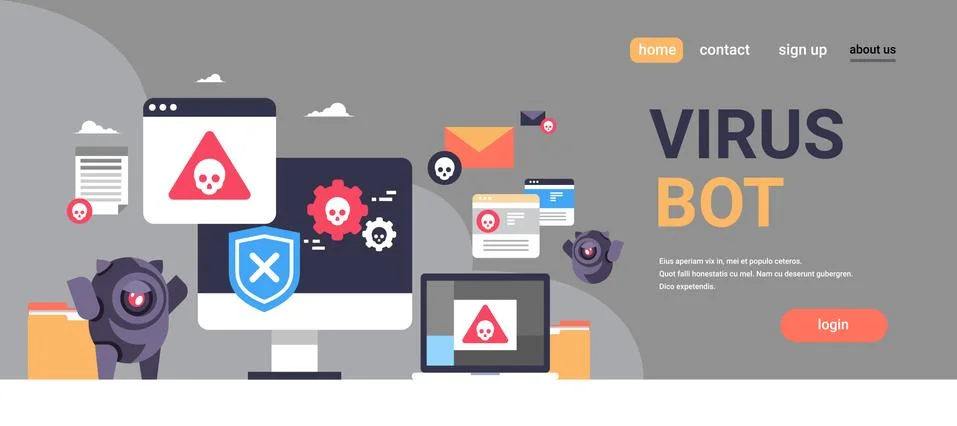 Virus bot robot hacker danger piracy error background pirate attack artificial Illustrazione stock