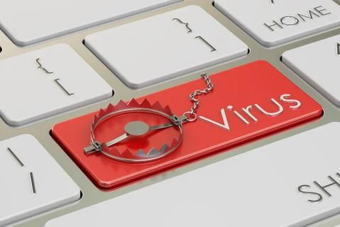 Virus button with trap, on the computer keyboard. 3D rendering Stock Illustration