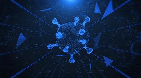 Virus Cell 3D Rendering Spinning on Digital Data Number Polygon Particle Line Illustrazione stock