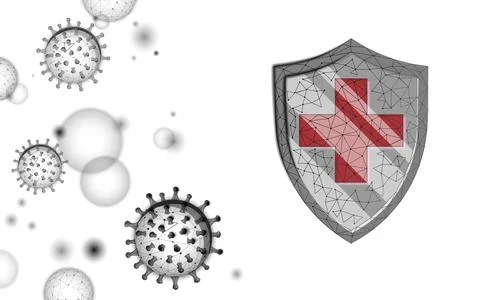 Virus cell low poly structure and safety shield. Disease infection medicine Stock-Illustration
