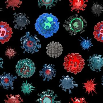 Virus cells seamless pattern on black background Illustrazione stock