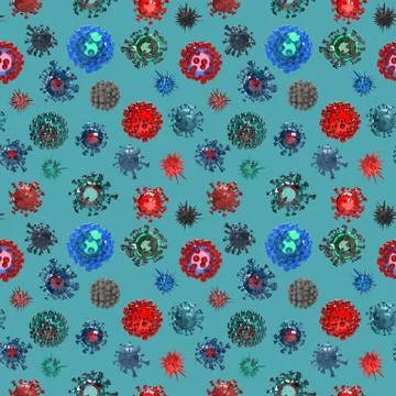 Virus cells seamless pattern on turquoise background Stock Illustration