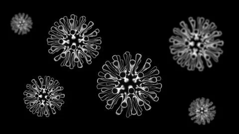 Virus cells under microscope view. medicine concept render with flu coronavirus Stock Illustration