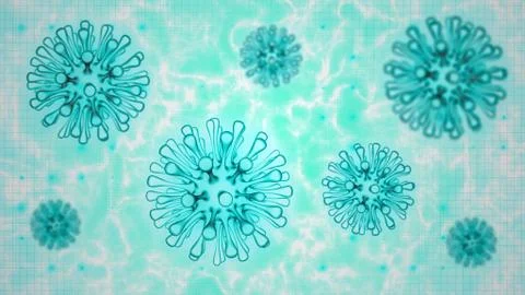 Virus cells under microscope view. medicine concept render with flu coronavirus Stock Illustration