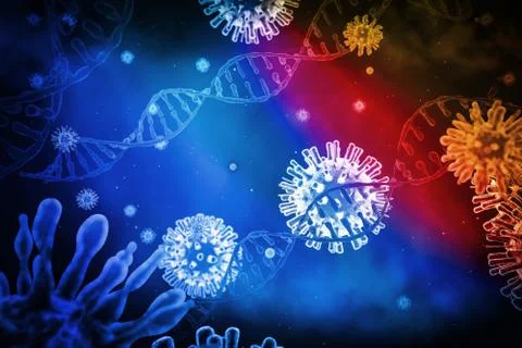 Virus close-up on a background of a DNA helix, RNA and virus, Stock Illustration