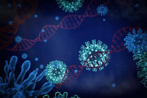 Virus close-up on a background of a DNA helix, RNA and virus, Stock Illustration