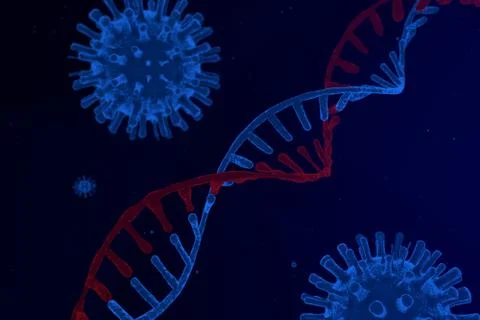 Virus close-up on a background of a DNA helix, RNA and virus, Stock Illustration
