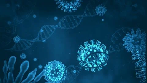 Virus close-up on a background of a DNA helix, RNA and virus, Stock Illustration