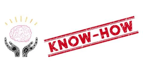 Virus Collage Human Brain Knowledge Icon and Distress Know-How Seal with Lines Stock Illustration