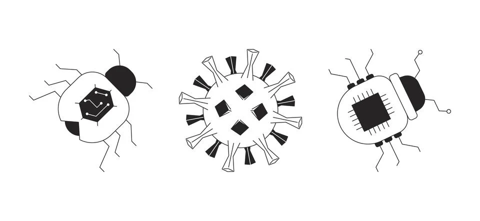 Virus computer bugs black and white 2D line cartoon objects set Stock Illustration