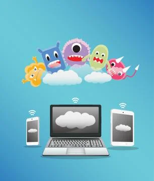 A virus computer receive a data from laptop smartphone and tablet 스톡 일러스트