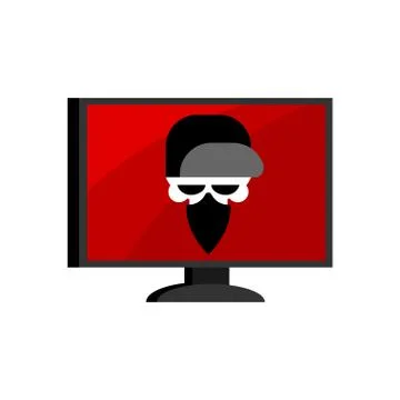 Virus in computer. Skull of hacker. Head of skeleton in scarf and cap. Cyber  イラスト素材