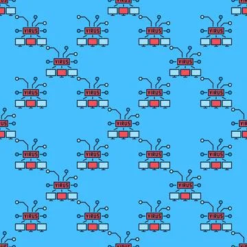 Virus on Computers vector PC network colored seamless pattern Stock Illustration