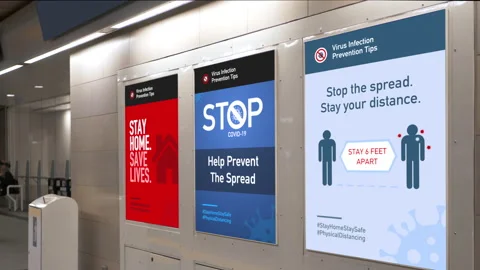 Virus COVID-19 Flu Poster Illustrations Medical Warning Public Transport Station Stock Footage 150994200
